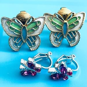 🦋 Vintage enamel & cloisonne butterfly clip-on earrings Two (2) pairs